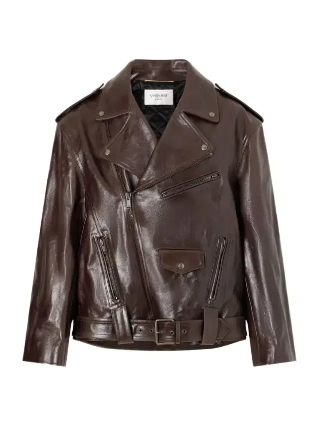 Glossed Textured-leather Biker Jacket