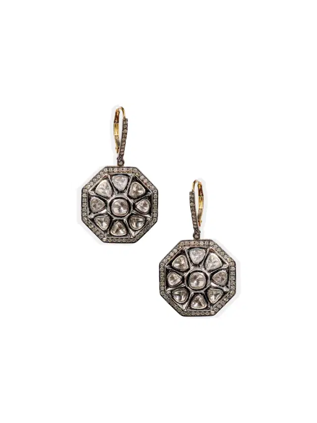14k Gold and Silver Diamond and Polki Diamond Earrings