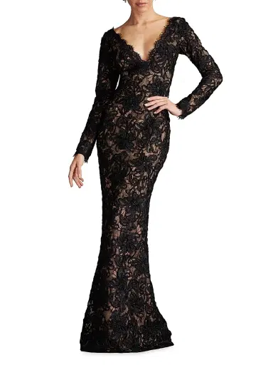 Sho by Tadashi Shoji Women's Lace V-neck Column Gown - Black Beige | Thumbnail 2