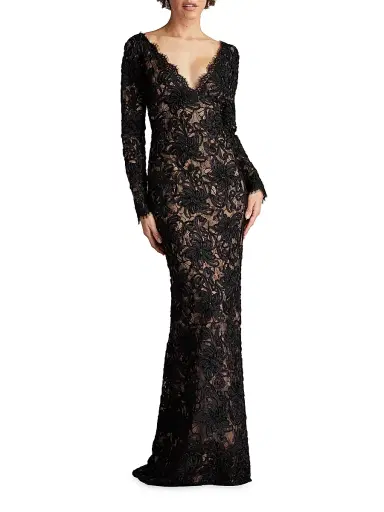 Sho by Tadashi Shoji Women's Lace V-neck Column Gown - Black Beige | Thumbnail 3