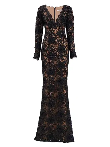 Sho by Tadashi Shoji Women's Lace V-neck Column Gown - Black Beige | Thumbnail 1
