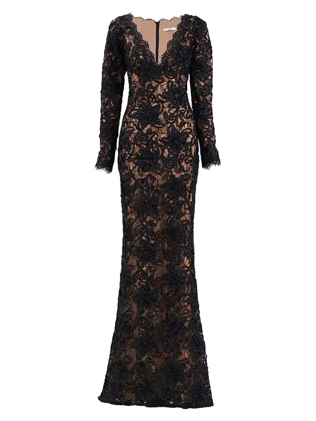 Women's Lace V-neck Column Gown - Black Beige