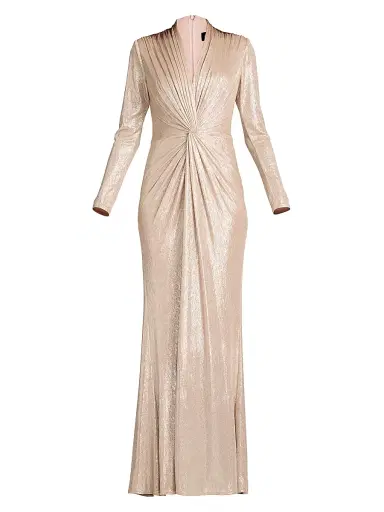 Tadashi Shoji Women's Metallic Jersey Long-Sleeve Gown - Pebble - Size XXL | Thumbnail 1 Tadashi Shoji Women's Metallic Jersey Long-Sleeve Gown - Pebble - Size XXL | Thumbnail 1