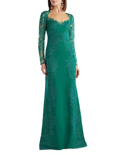 Tadashi Shoji Women's Lace-Embroidered Illusion Gown - Emerald - Size 16 | Thumbnail 2 Tadashi Shoji Women's Lace-Embroidered Illusion Gown - Emerald - Size 16 | Thumbnail 2