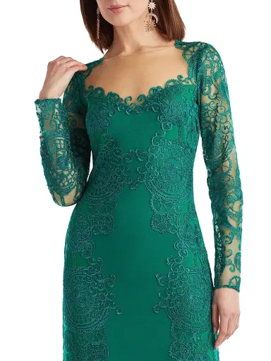 Tadashi Shoji Women's Lace-Embroidered Illusion Gown - Emerald - Size 16 | Thumbnail 4 Tadashi Shoji Women's Lace-Embroidered Illusion Gown - Emerald - Size 16 | Thumbnail 4