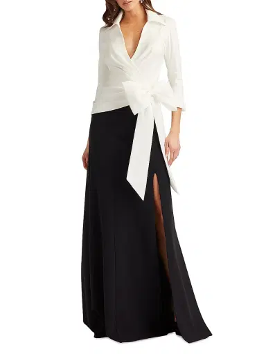 Tadashi Shoji Women's Mixed-Media Bow Gown - White Black - Size 14 | Thumbnail 2