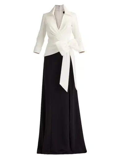 Tadashi Shoji Women's Mixed-Media Bow Gown - White Black - Size 14 | Thumbnail 1