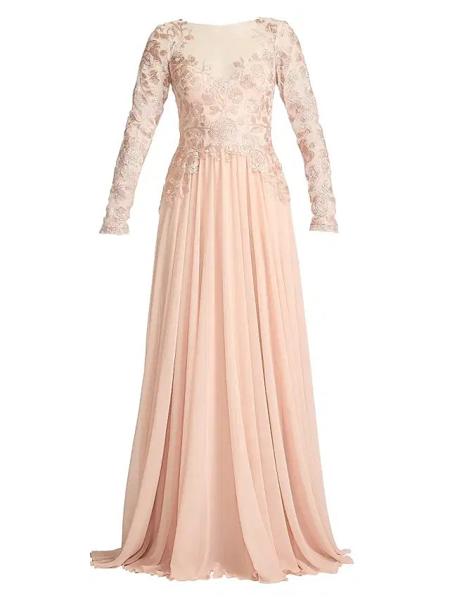 Women's Lace-Embroidered Pleated Gown - Pale Pink