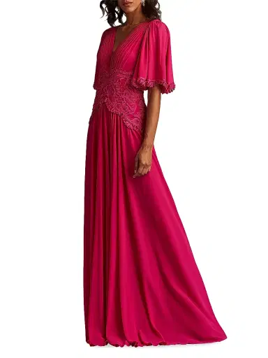 Tadashi Shoji Women's Lace-Trim Pleated Gown - Hibiscus - Size 14 | Thumbnail 2