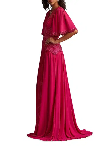 Tadashi Shoji Women's Lace-Trim Pleated Gown - Hibiscus - Size 14 | Thumbnail 3