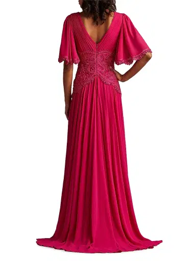 Tadashi Shoji Women's Lace-Trim Pleated Gown - Hibiscus - Size 14 | Thumbnail 4