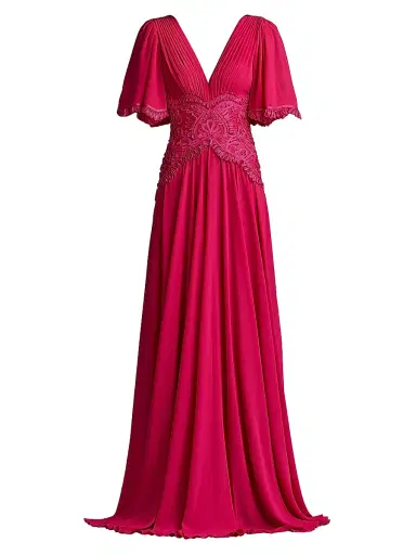 Tadashi Shoji Women's Lace-Trim Pleated Gown - Hibiscus - Size 14 | Thumbnail 1