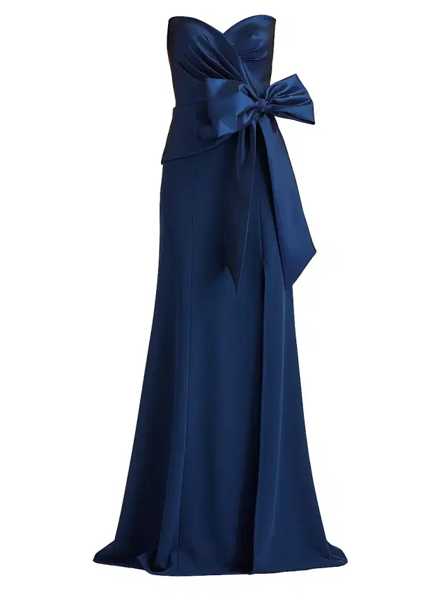 Women's Pleated Bow Strapless Column Gown - Navy