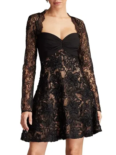 Sho by Tadashi Shoji Women's Floral Lace Long-Sleeve Minidress - Black Beige | Thumbnail 3