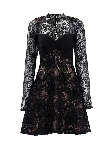Sho by Tadashi Shoji Women's Floral Lace Long-Sleeve Minidress - Black Beige | Thumbnail 1