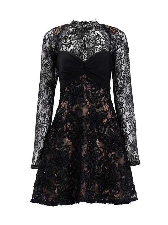 Women's Floral Lace Long-Sleeve Minidress - Black Beige