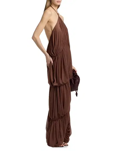 Ronny Kobo Women's Bia Pleated Tiered Balloon Halterneck Maxi Dress - Tobacco | Thumbnail 4