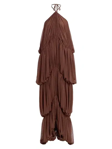 Ronny Kobo Women's Bia Pleated Tiered Balloon Halterneck Maxi Dress - Tobacco | Thumbnail 1
