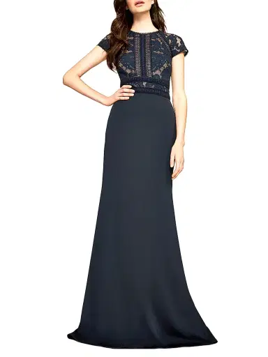 Tadashi Shoji Women's Floral Embroidered Crepe Gown - Navy Beige - Size 14 | Thumbnail 1