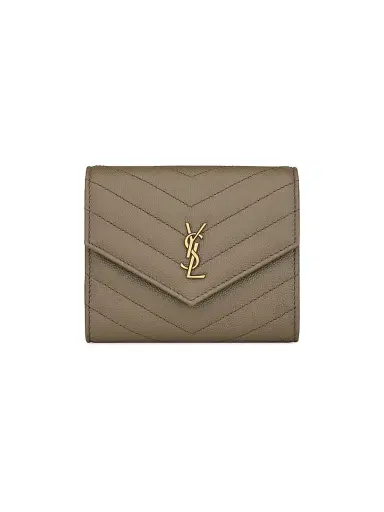 Saint Laurent Women's Cassandre Compact Tri Fold Wallet in Grain De Poudre Leather - Light Taupe | Thumbnail 1