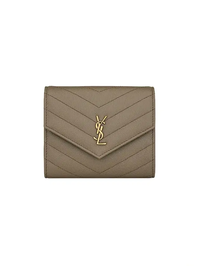 Saint Laurent Women's Cassandre Compact Tri Fold Wallet in Grain De Poudre Leather - Light Taupe