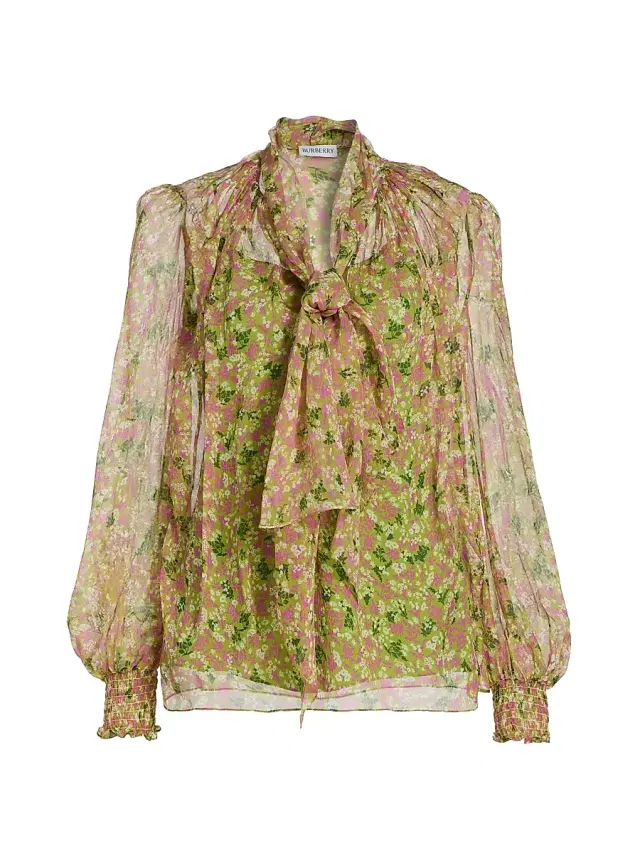 Burberry Women's Lila Ditsy Floral Silk Tie Blouse - Bracken Greenpat