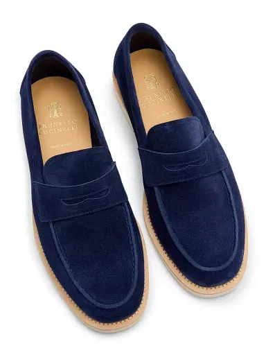 Brunello Cucinelli Men's Suede Penny Loafers - Blue | Thumbnail 10 Brunello Cucinelli Men's Suede Penny Loafers - Blue | Thumbnail 10