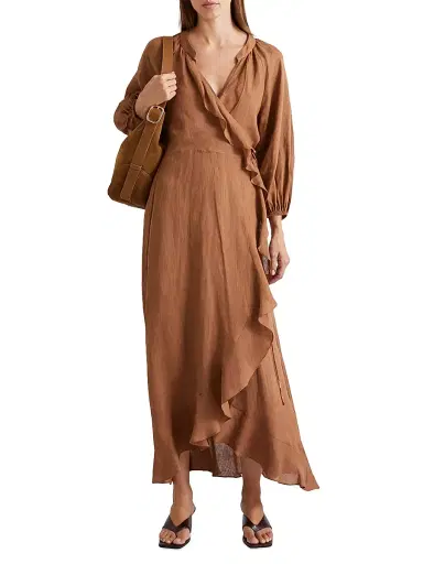 Marella Women's Linen Midi Wrap Dress - Tobacco Brown - Size 8 | Thumbnail 2
