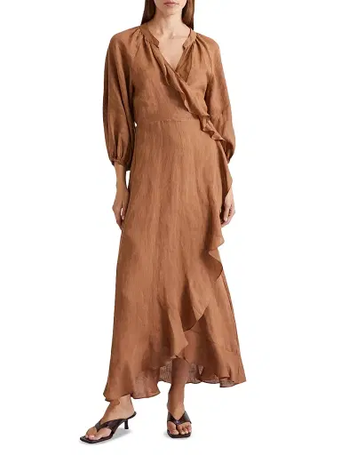 Marella Women's Linen Midi Wrap Dress - Tobacco Brown - Size 8 | Thumbnail 3