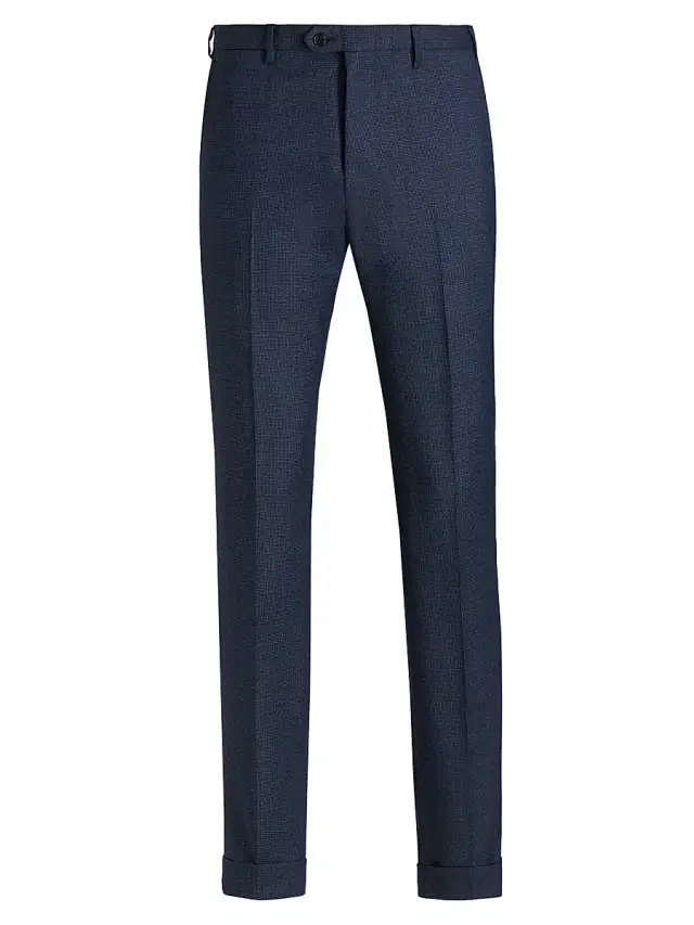 Men's Textured Virgin Wool Trousers - Navy