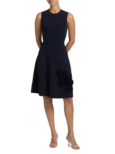 Lela Rose Women's Rose-Appliquéd Fit & Flare Minidress - Navy - Size XS | Thumbnail 3 Lela Rose Women's Rose-Appliquéd Fit & Flare Minidress - Navy - Size XS | Thumbnail 3