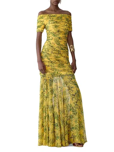 Carolina Herrera Women's Olive Branch Off-the-Shoulder Gathered Silk Gown | Thumbnail 2