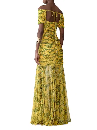 Carolina Herrera Women's Olive Branch Off-the-Shoulder Gathered Silk Gown | Thumbnail 3