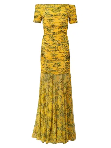 Carolina Herrera Women's Olive Branch Off-the-Shoulder Gathered Silk Gown | Thumbnail 1
