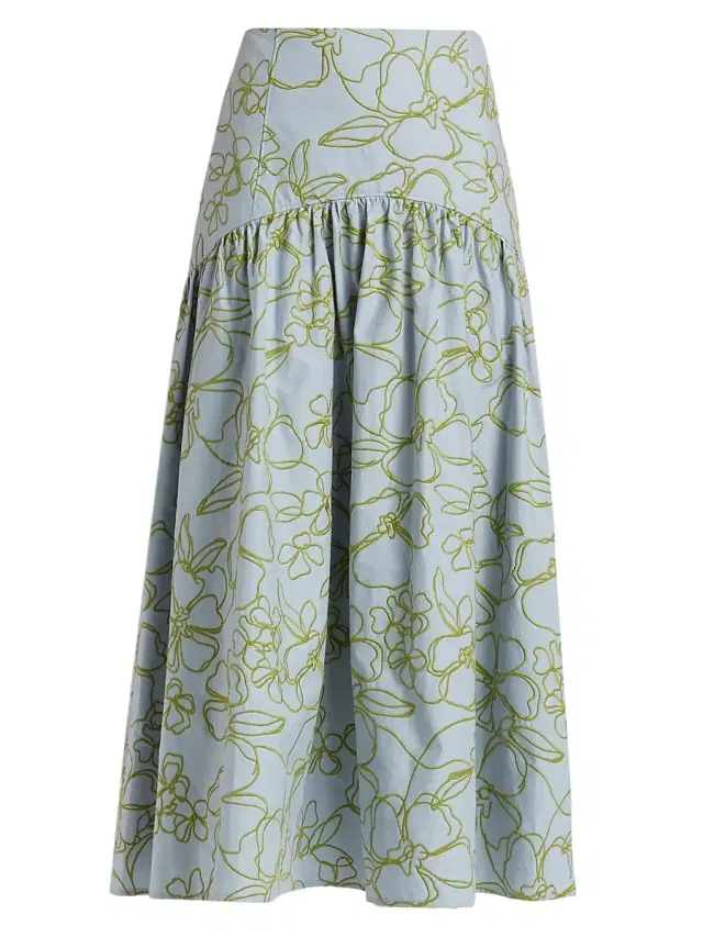 Women's Zoanne Linework Floral-Embroidered Cotton Midi-Skirt - Bluebell Pear Green