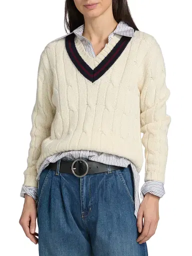 Nili Lotan Women's Fabiana Wool V-Stripe Cable-Knit Sweater | Thumbnail 3 Nili Lotan Women's Fabiana Wool V-Stripe Cable-Knit Sweater | Thumbnail 3
