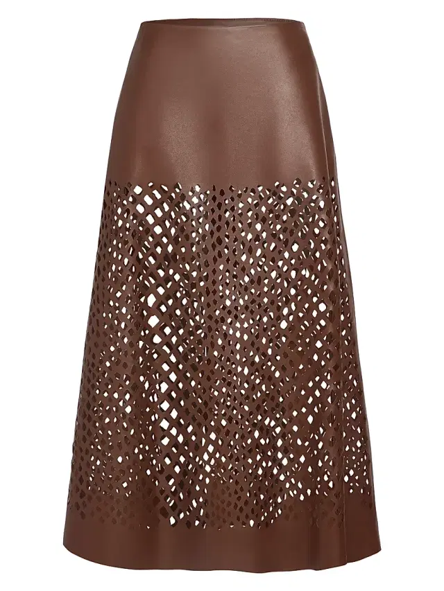 Women's The A-Line Laser-Cut Leather Maxi Skirt - Cigar