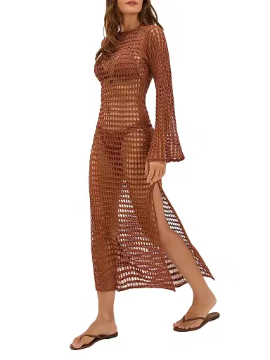 ViX by Paula Hermanny Women's Belle Open-Knit Maxi Dress - Brown - Size Large | Thumbnail 2