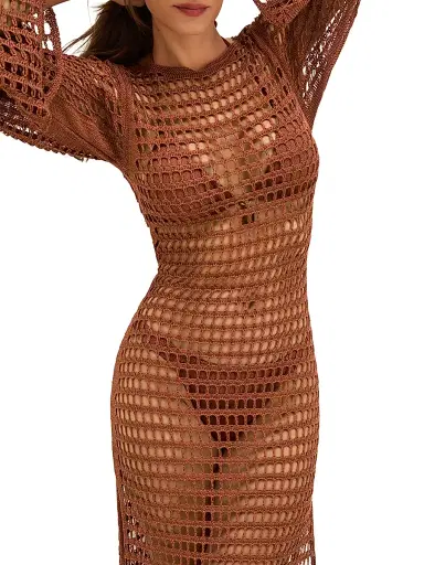 ViX by Paula Hermanny Women's Belle Open-Knit Maxi Dress - Brown - Size Large | Thumbnail 4