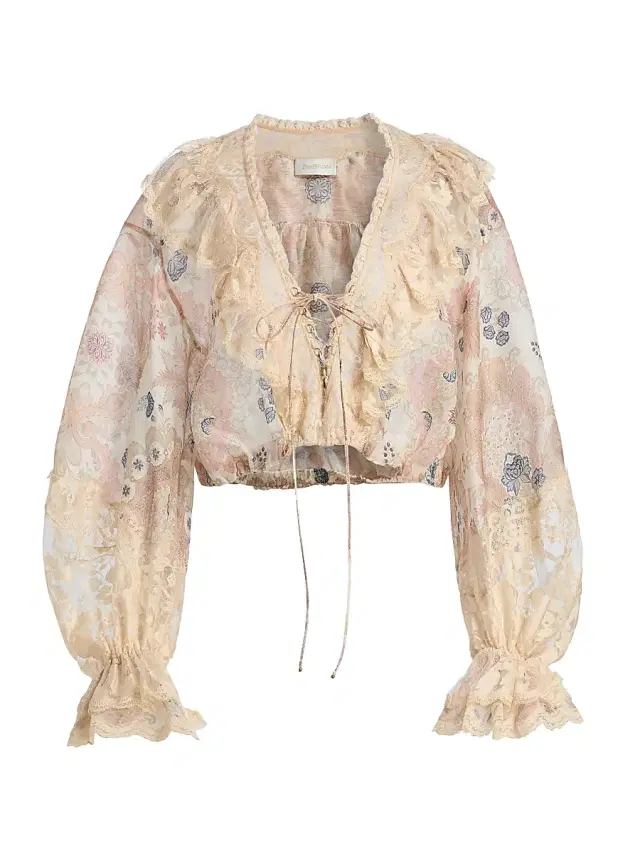 Zimmermann Women's Rebellion Lace-Up Linen-Silk Blouse - Cream Floral