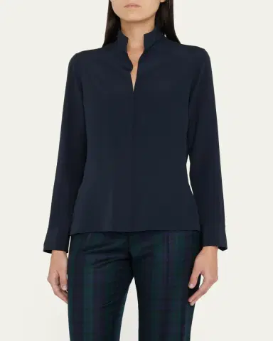 Akris Split-Neck Silk Button-Front Blouse | Thumbnail 4