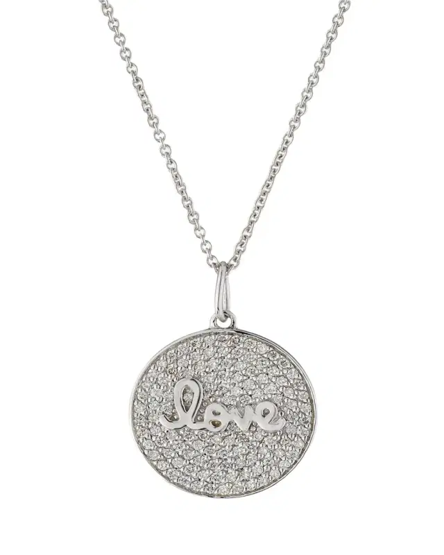 Sydney Evan 14k White Gold Love Script Diamond Pave Medallion Necklace