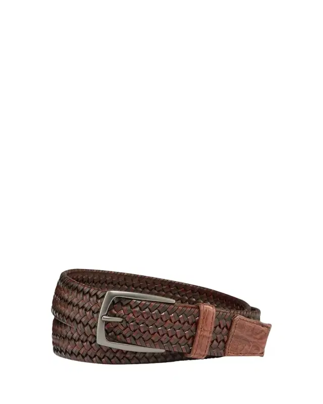 Men's Woven Leather Stretch Belt with Crocodile Trim