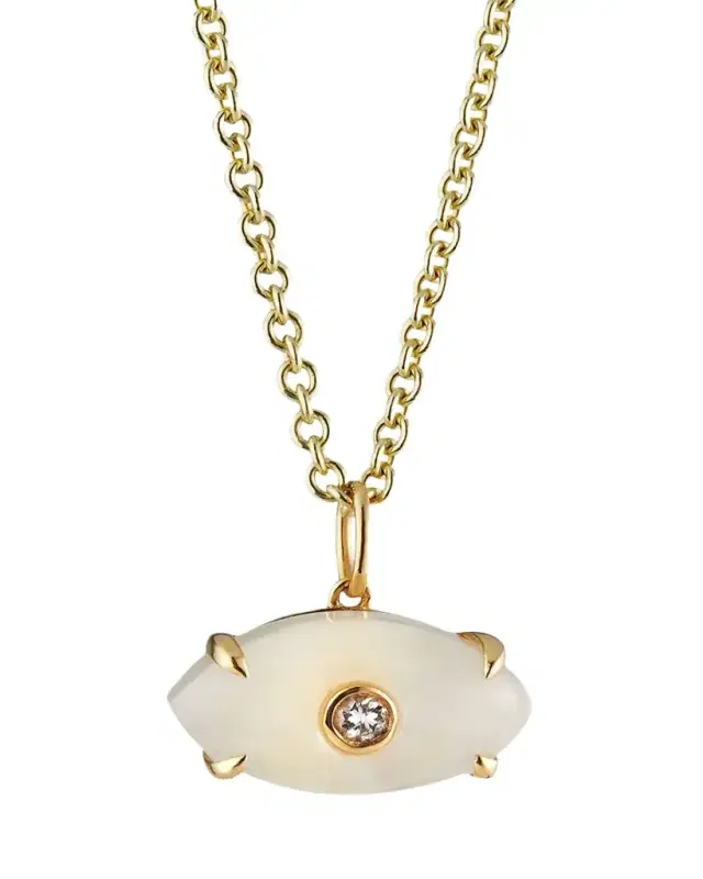 Carved Rainbow Moonstone and Diamond Evil Eye Charm Necklace