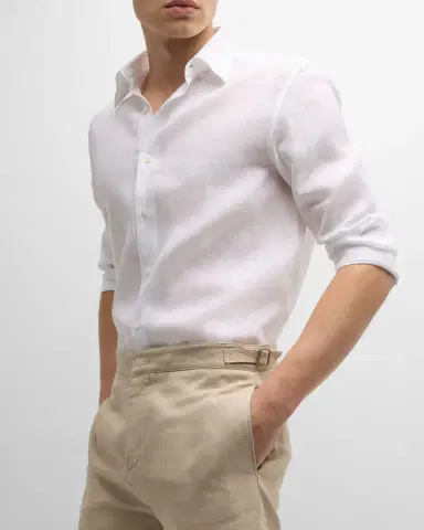Brioni Men 's Solid Linen Sport Shirt | Thumbnail 5