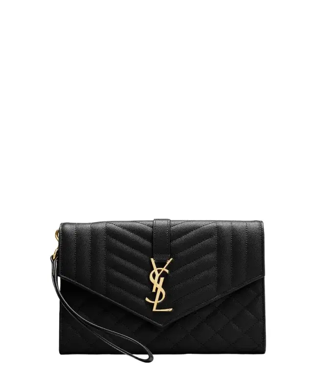 Saint Laurent Envelope Flap YSL Clutch Bag in Grained Leather