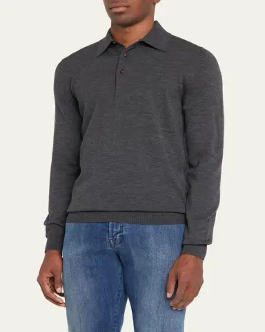 Kiton Men's Heathered Wool Polo Sweater | Thumbnail 4 Kiton Men's Heathered Wool Polo Sweater | Thumbnail 4