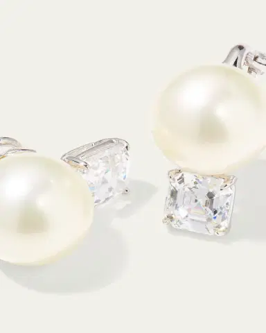 Fantasia by DeSerio 18K Gold-Plated Sterling Silver Square-Top Stud Earrings with Simulated Pearl | Thumbnail 3