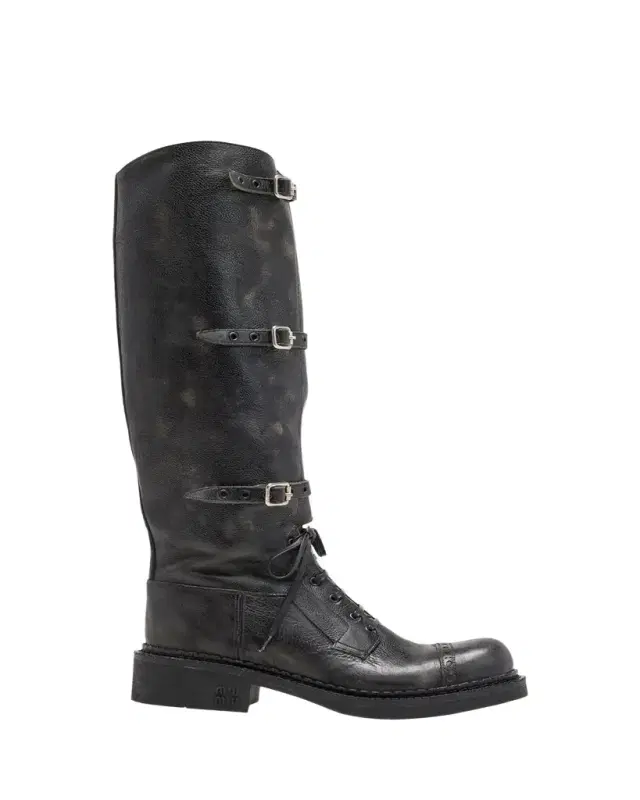 Miu Miu Antic Buckle Distressed Leather Knee-High Boots