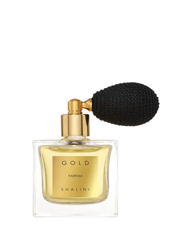 Shalini Parfum Gold Parfum Cubique Glass Flacon with Black Bulb Atomizer, 1.7 oz.